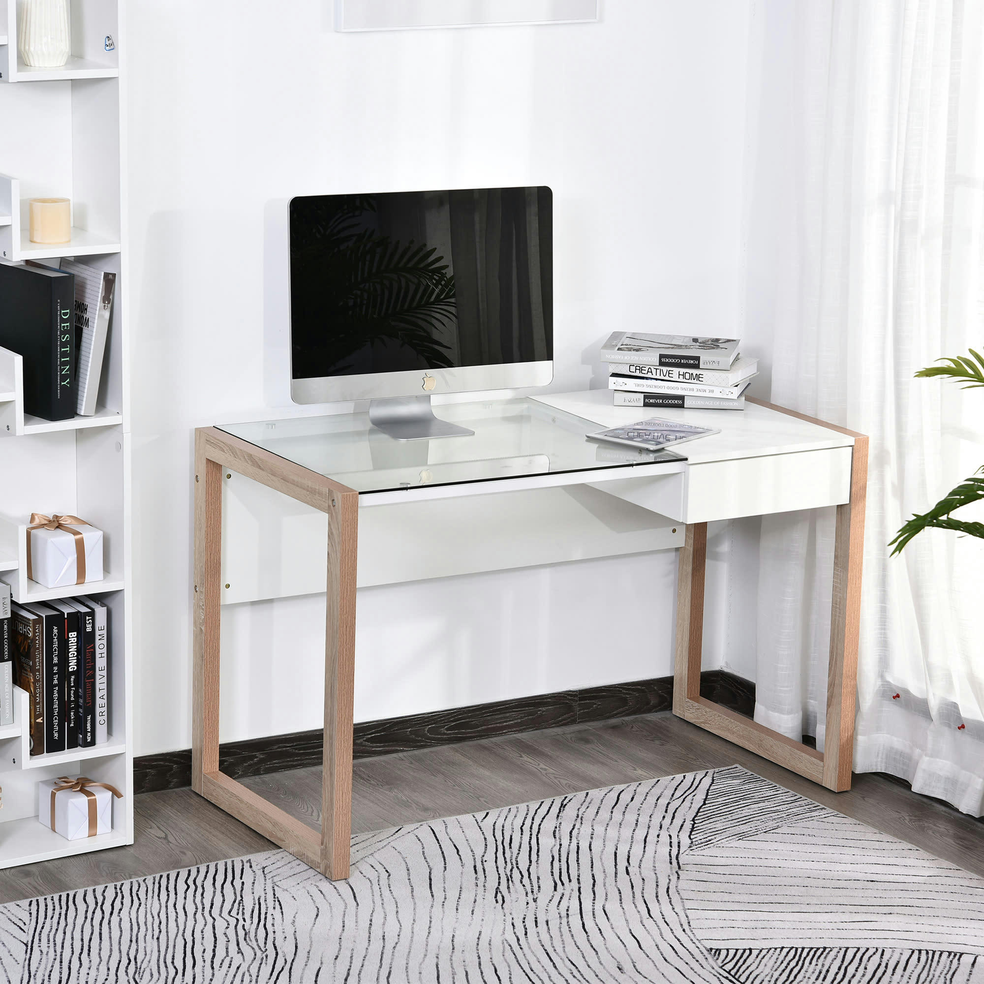- Bureau informatique contemporain tiroir verre aspect bois blanc