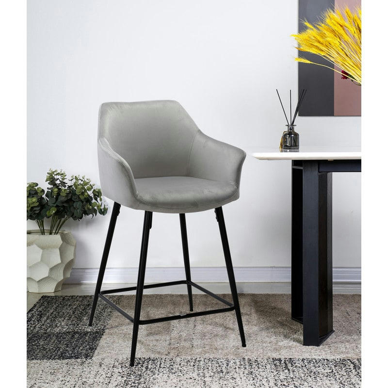 CHIC - Chaise haute de bar en velours gris clair et pieds métal