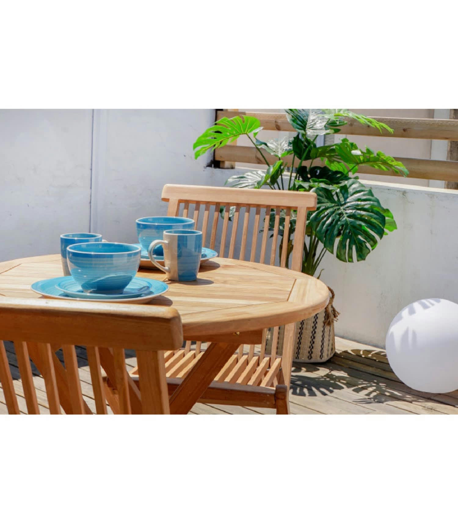 TECK - Salon de jardin 1 table ronde + 4 chaises teck pliables