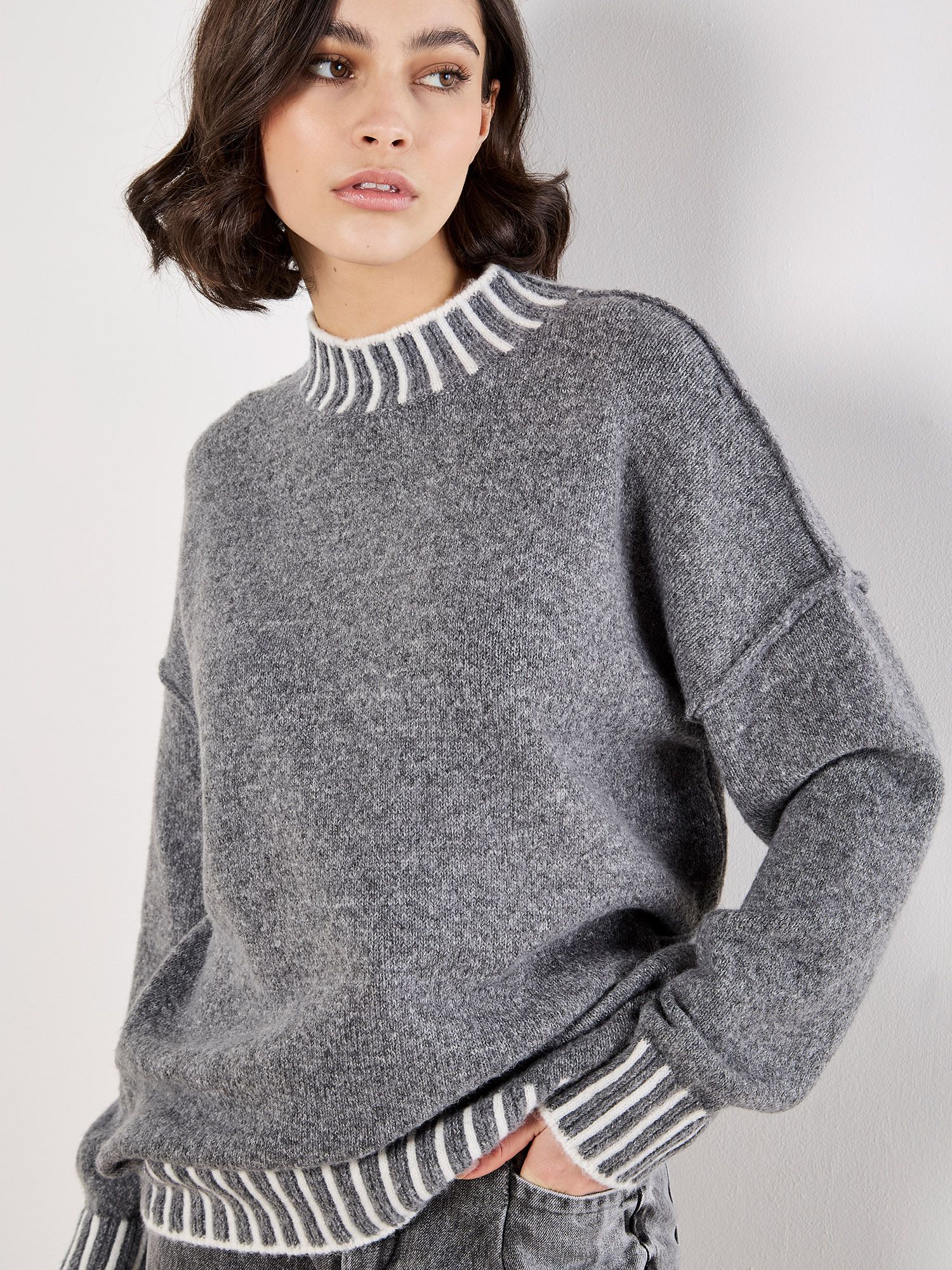 Apricot Stripe Trim Mock Neck Oversized Jumper