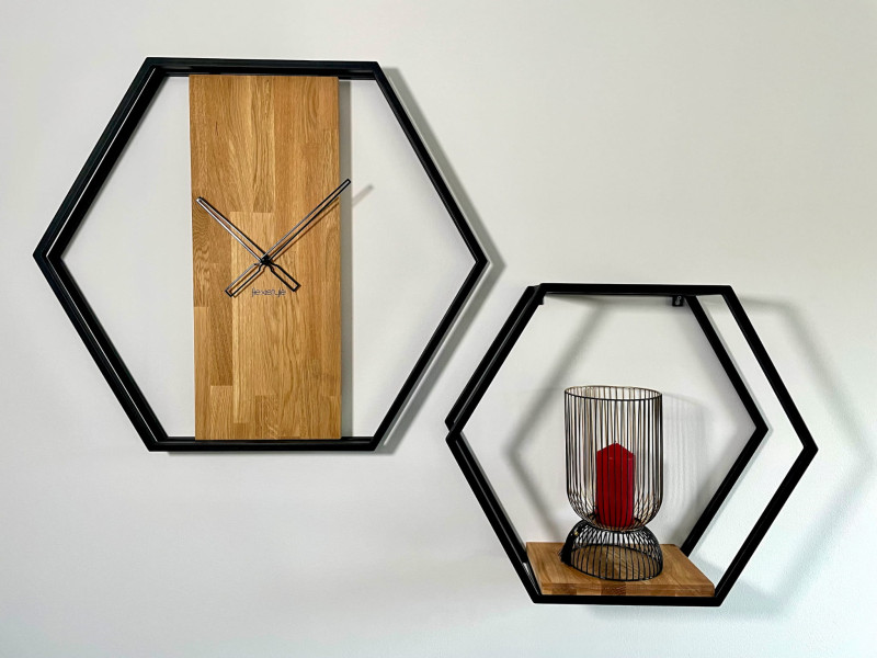 Półka loft hexagon dębowa 60cm 3d