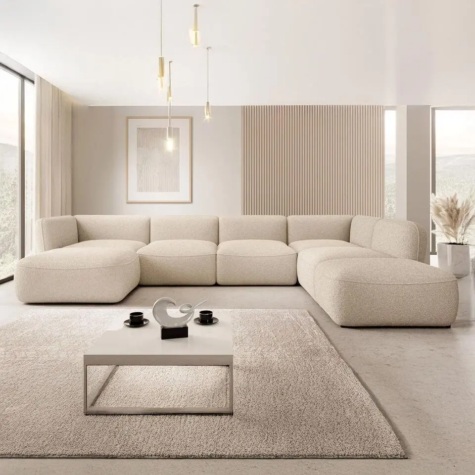 Meubella - Hoekbank Caesar - Beige - Teddy Boucle stof - Rechts