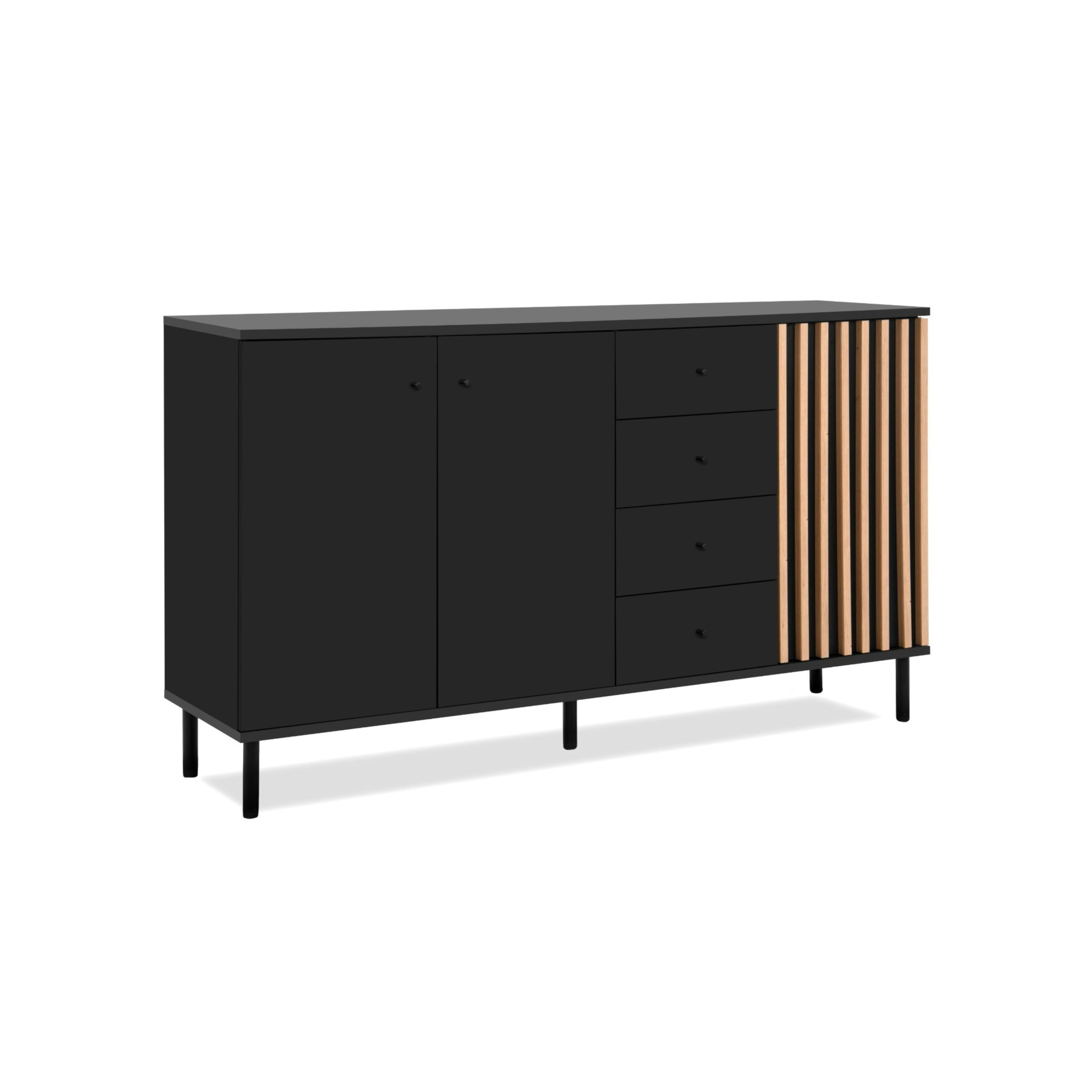 Buffet design noir décor bois 3 portes 4 tiroirs NOREN