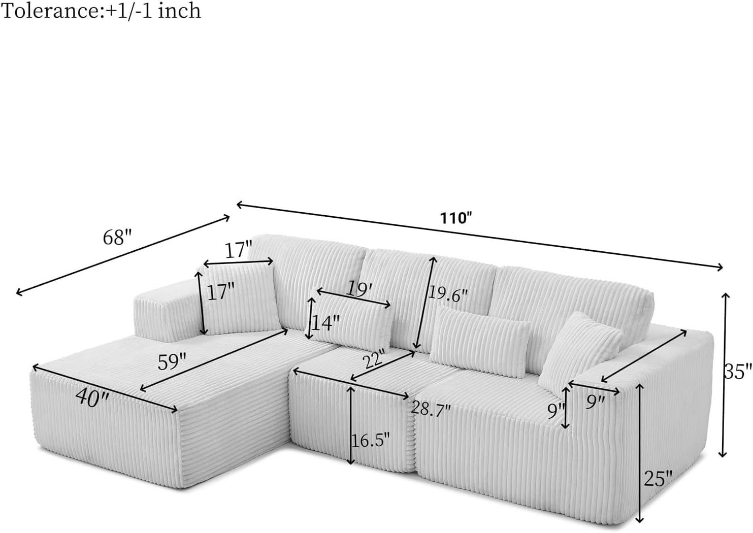 110” Modular Sectional Sofa, Cloud Sectional Couch with Deep Seat, Upholstered Boneless Couches for Living Room, Modern Modular L-Shape Sofa Couch with Chaise (Beige, 110 Left Facing Chaise)