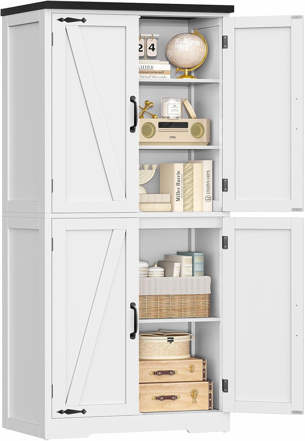 TEENFON 58 H Storage Cabinet with Adjustable Shelf, Farmhouse Kitchen Pantry Cabinet, Bathroom Cabinet with 4 Doors, Cupboard for Kitchen, Bathroom, Living Room, White