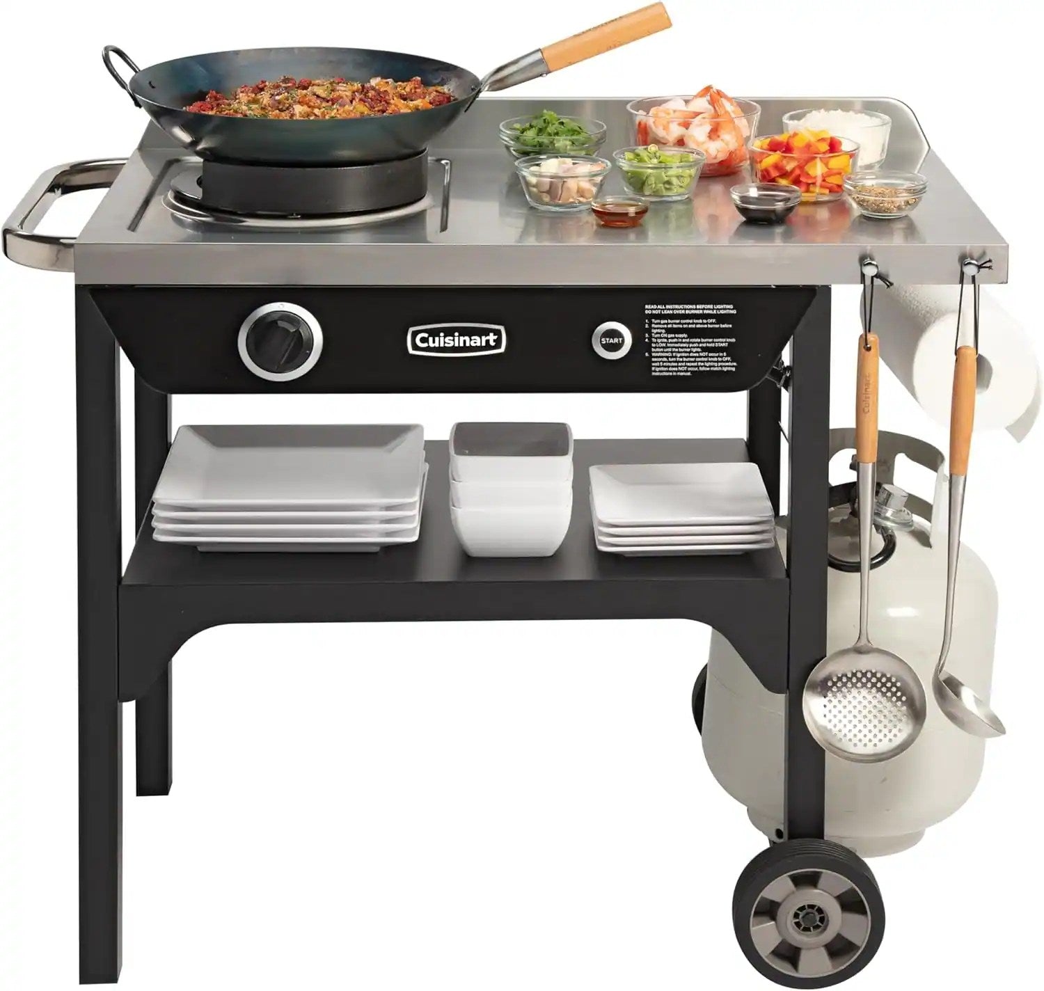 Cuisinart Outdoor Wok Station, 50,000 BTU Propane Outdoor Wok Burner w Prep Table, 14测 Carbon Steel Wok for Stir Fry, Searing, BBQ  Black