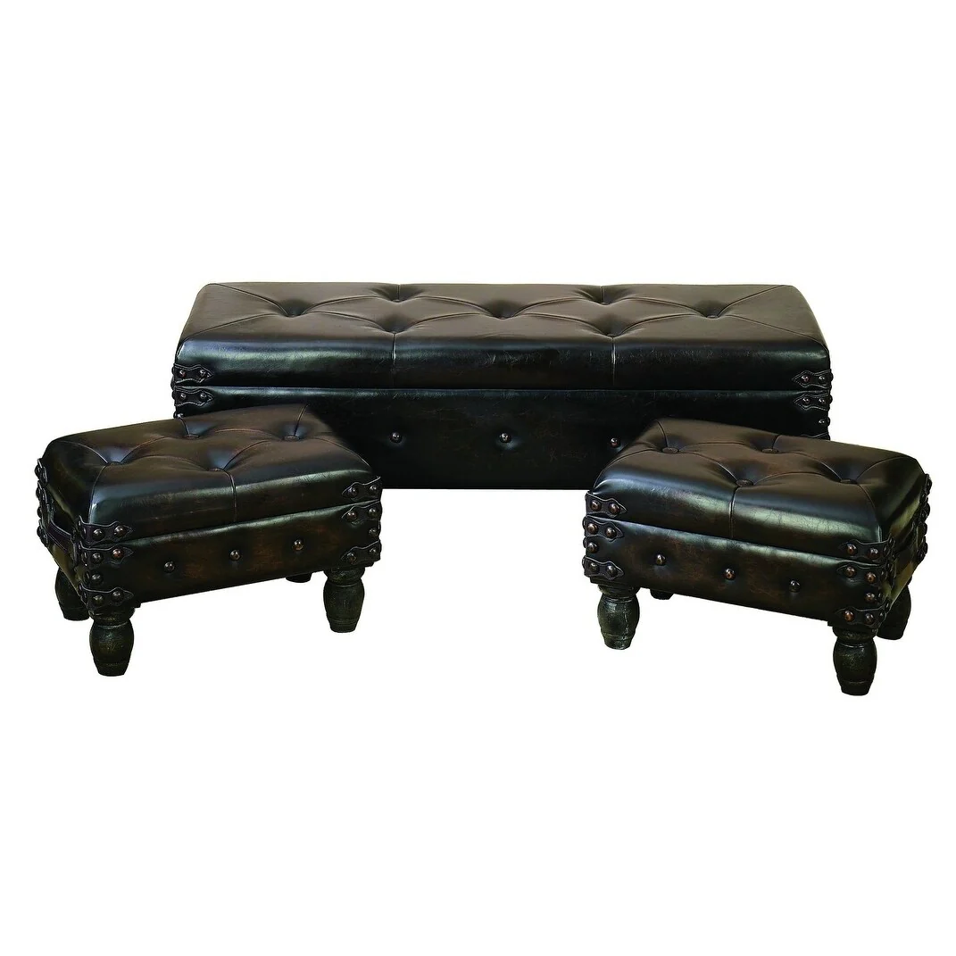Varnished Wood Leather Bench (Set of 3)