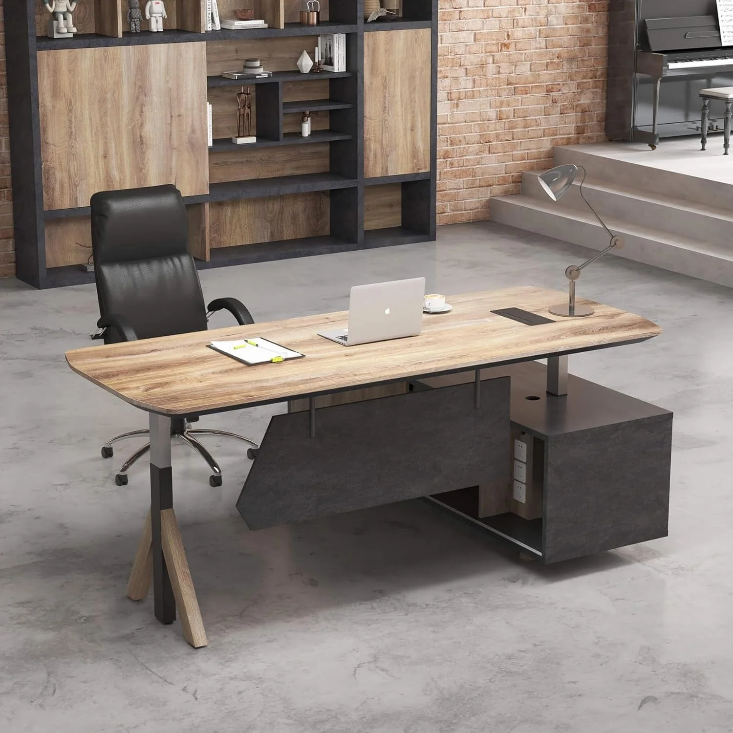 Adjustable L Shape Executive Desk With Shelves Drawers Memory Controller Height Adjustment