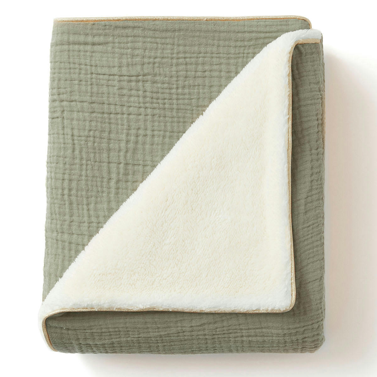 - Couverture polaire & gaze de coton bébé vert sauge (75x90cm)