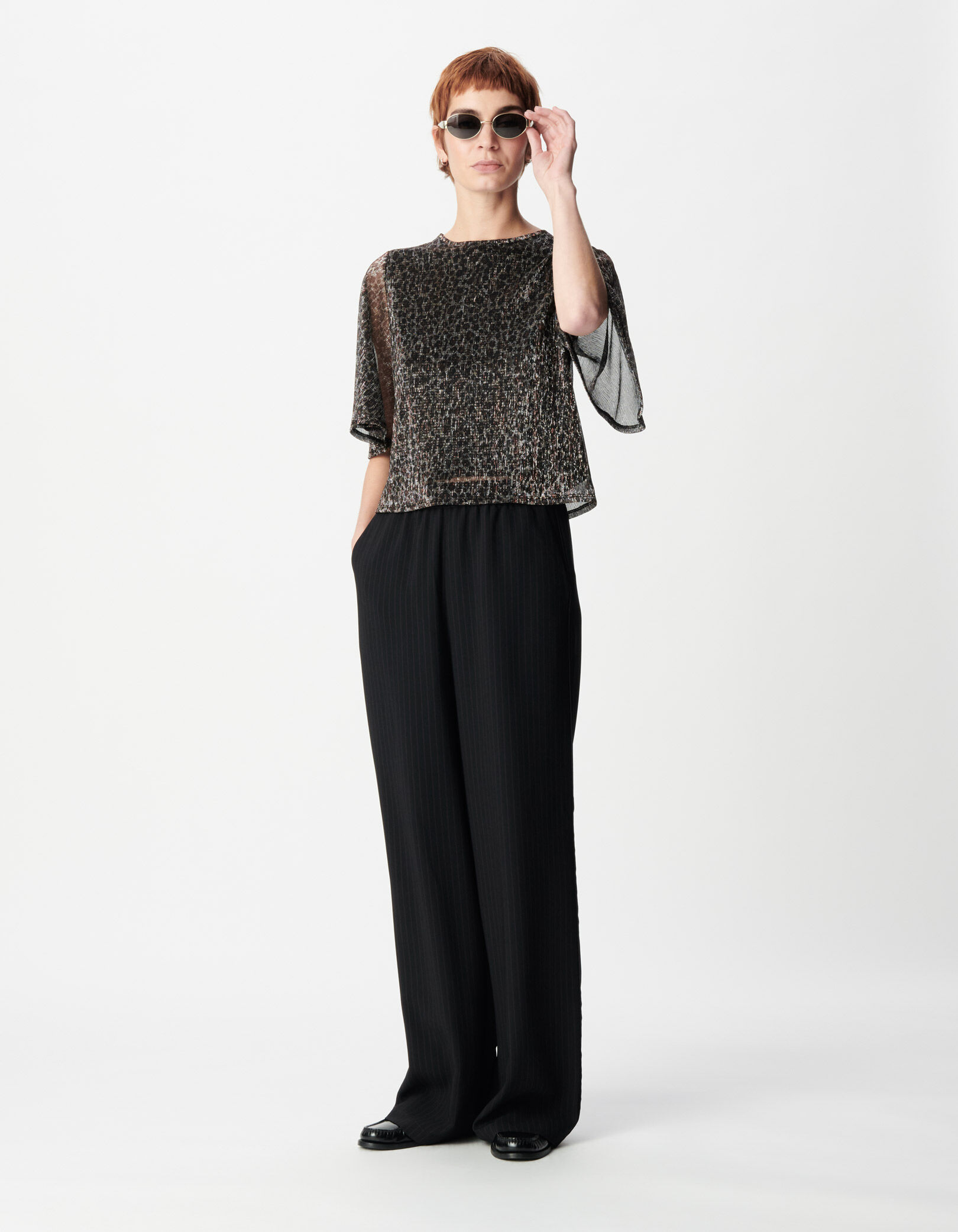 Top noir maille motif léopard lurex Femme