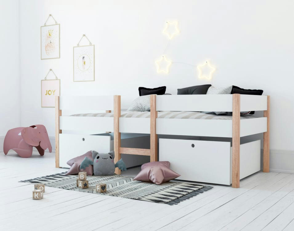 ANNA - Lit enfant   avec tiroirs blanc  effet bois    90x200