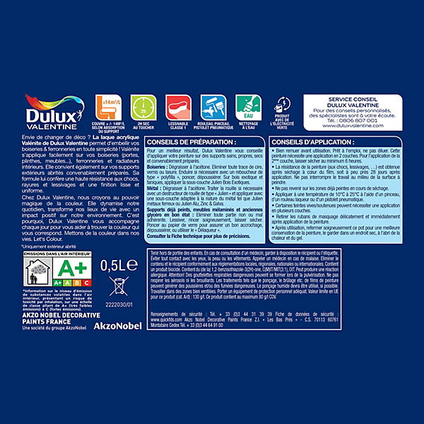 Laque Valénite Dulux Valentine Acrylique brillant blanc gris saline 500ml