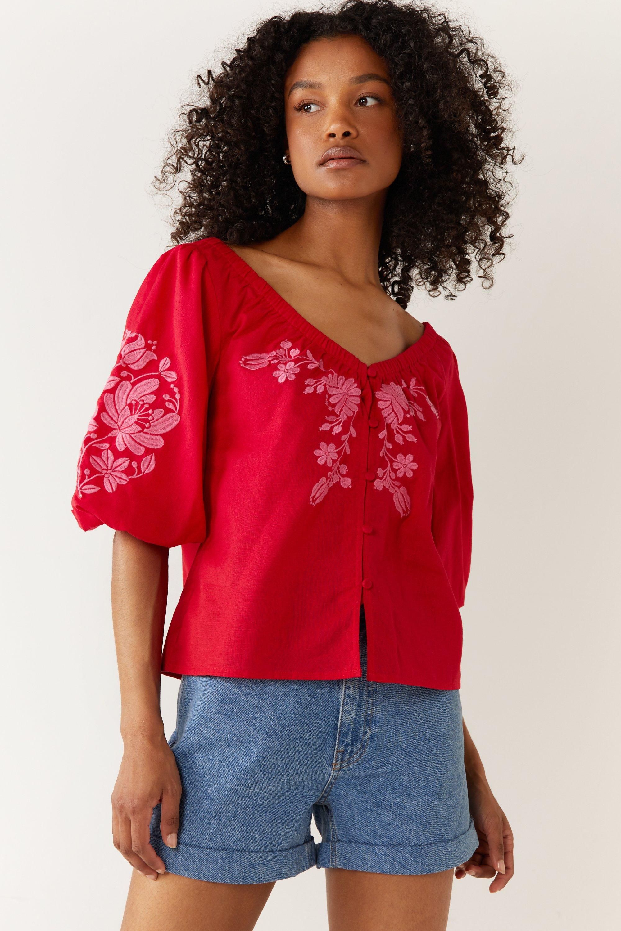 Warehouse Embroidered Puff Sleeve Top