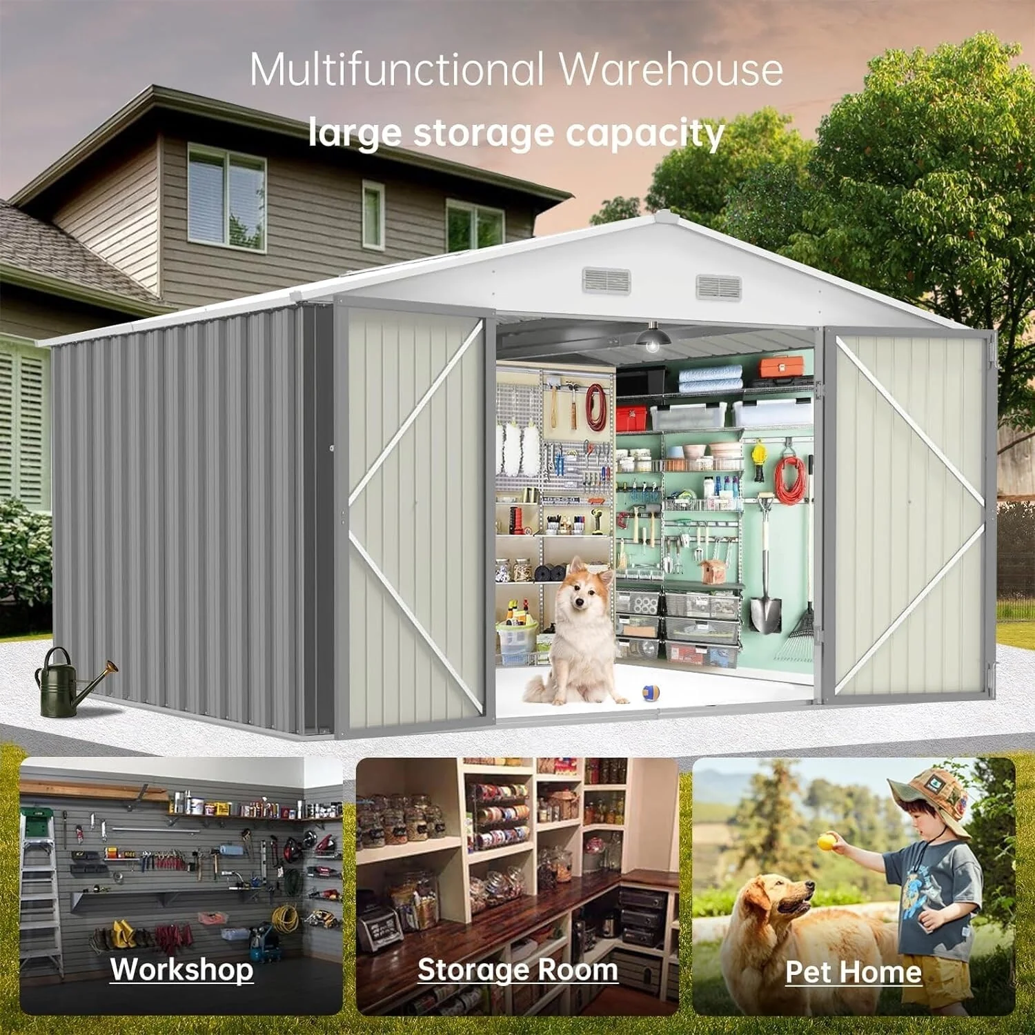 8x8 FT Outdoor Metal Storage Shed, Steel Utility Shed Storage, Metal Shed Outdoor Storage with Lockable Door Design