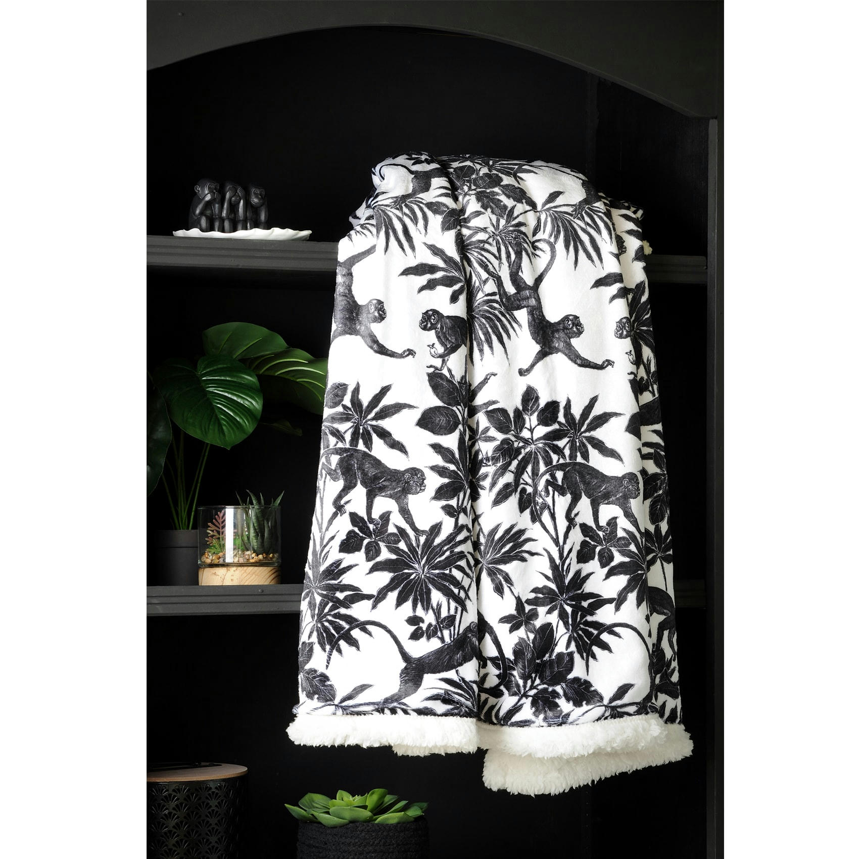 - Plaid imprimé jungle en nb polyester noir 130x160 cm