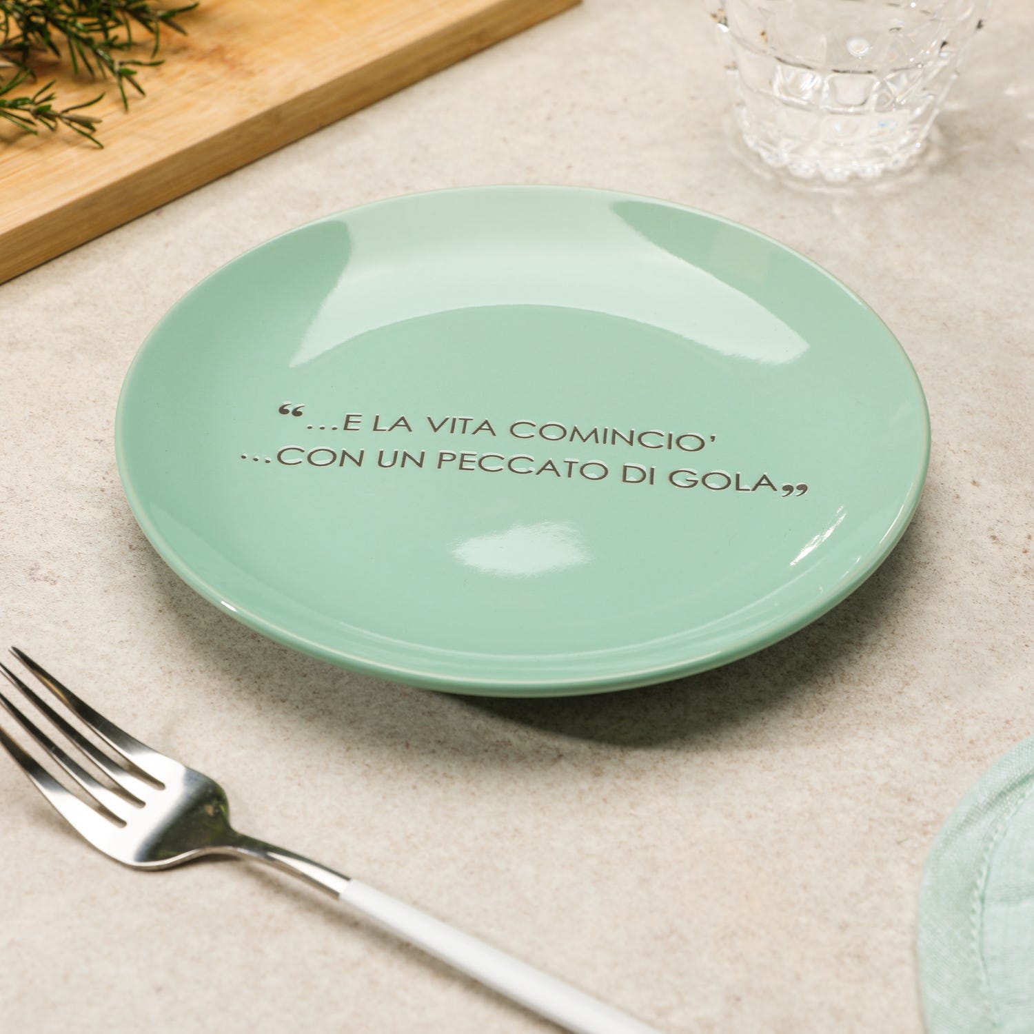 Piatto frutta salvia con scritta 19,5 cm in stoneware