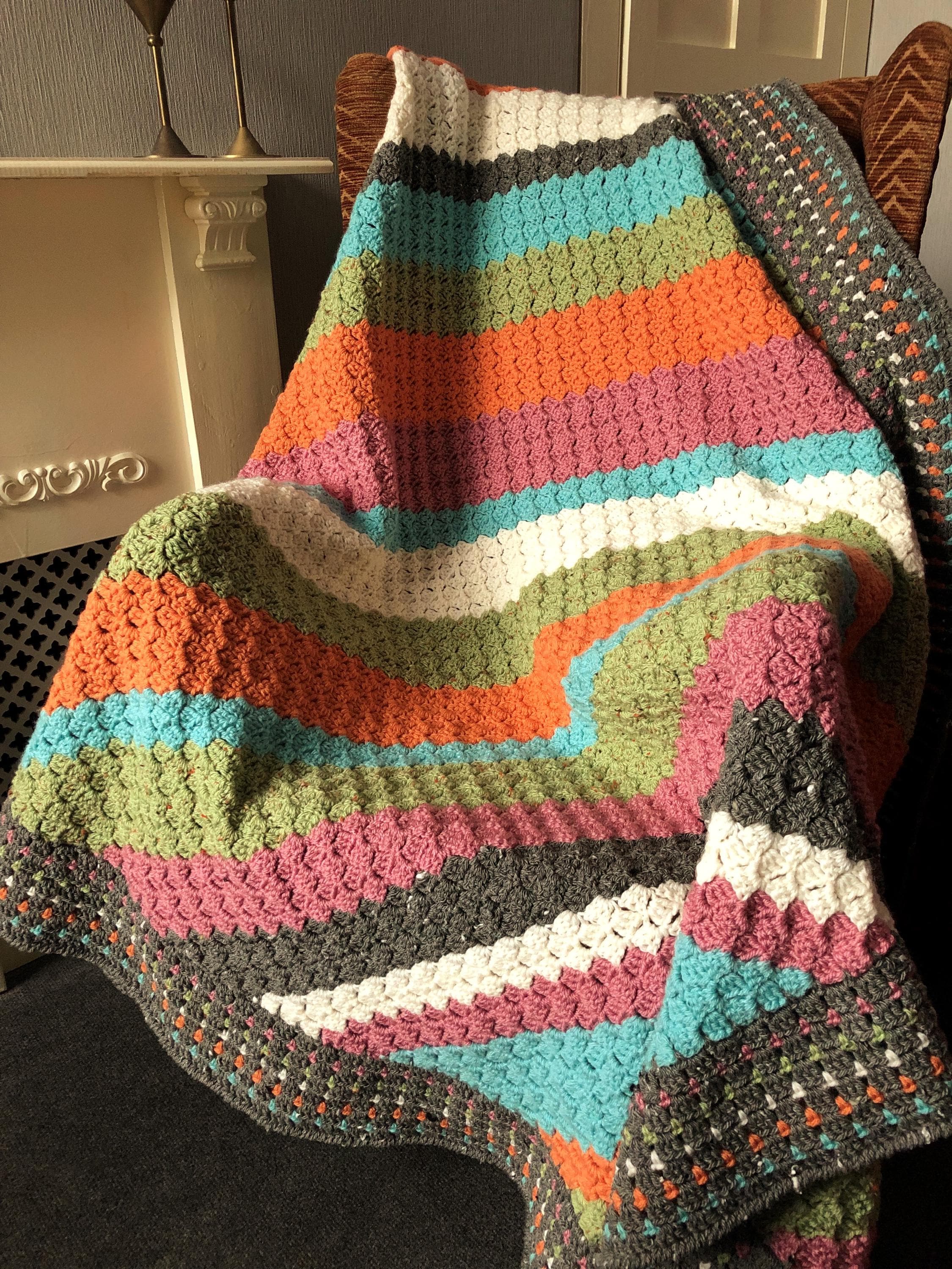 Handmade Multicoloured Diagonal Stripe Crochet Throw, Corner 2 Corner, Acrylic/Wool Blend Yarns, 5ft 6