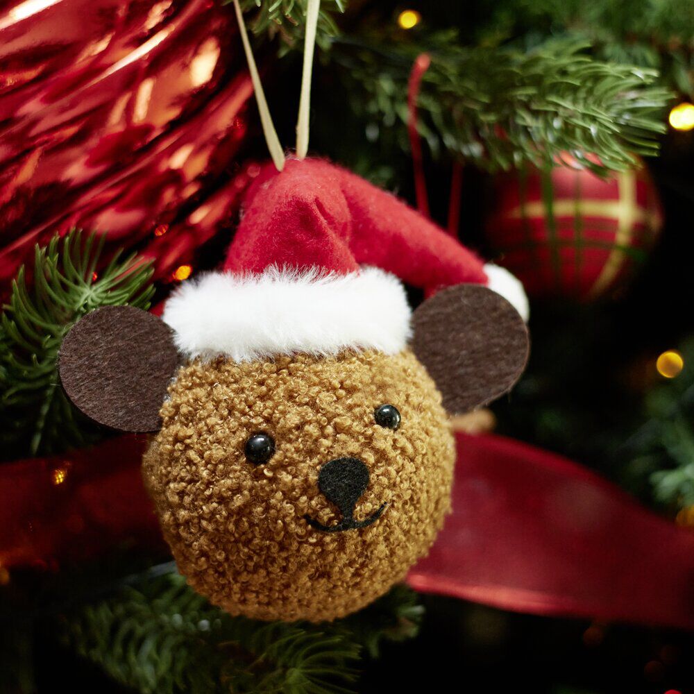 Boule de No&euml;l forme tête ourson en peluche marron 11x8xH12cm