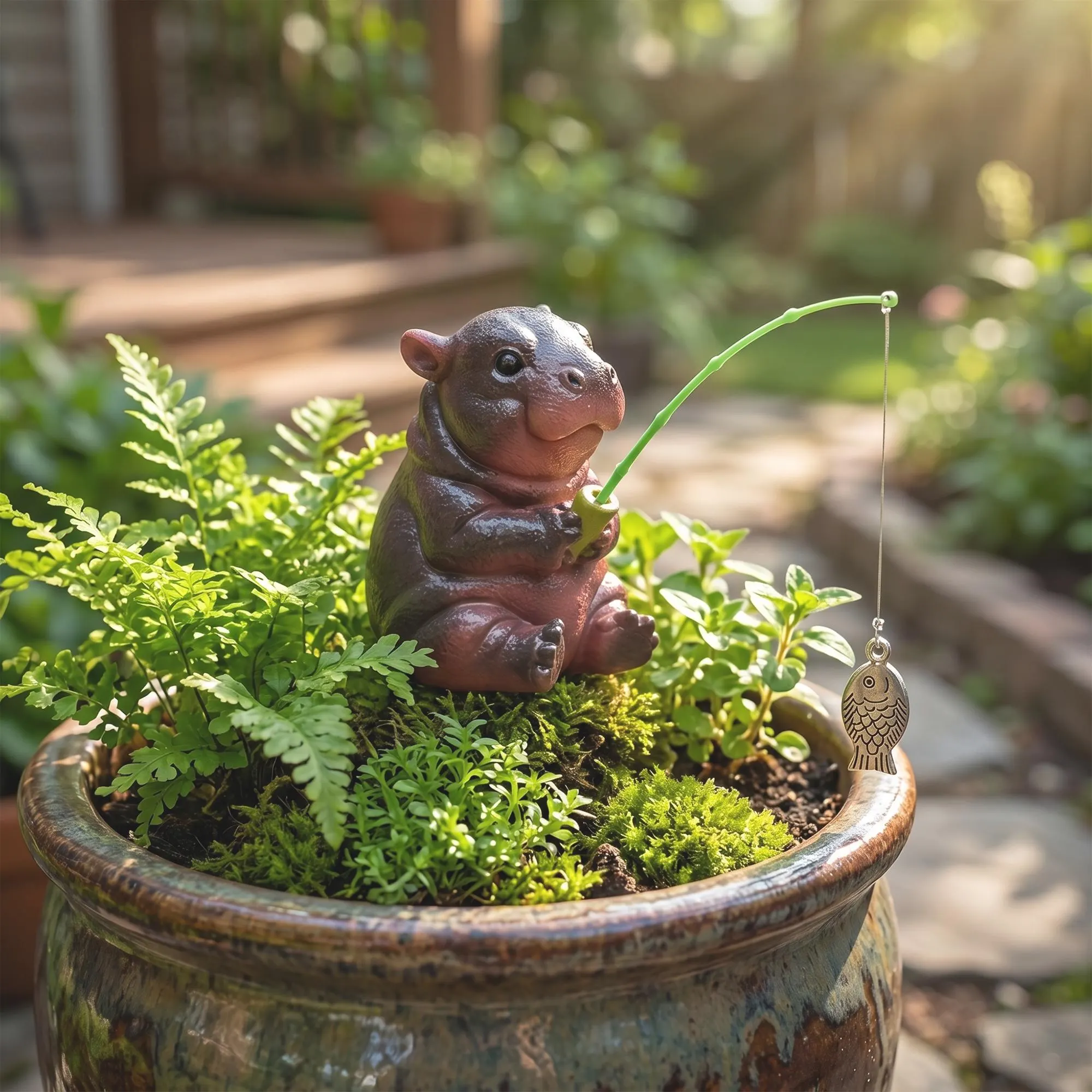 Handmade Fishing Hippo Resin Figurine, Cute Pond Ornament, Succulent Pot Decor, Whimsical Garden Statue Gift for Hippo Lovers