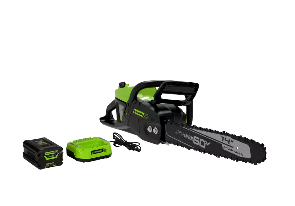 Greenworks PRO 60V Brushless Cordless Electric Chainsaw, 2 Amp Battery Included, 14-in