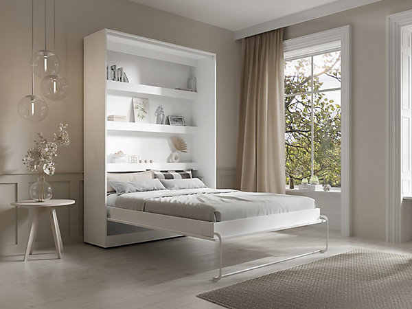 Lit escamotable 140 x 200 cm - Ouverture verticale manuelle - Avec LEDs - Blanc   Matelas - RAPILI