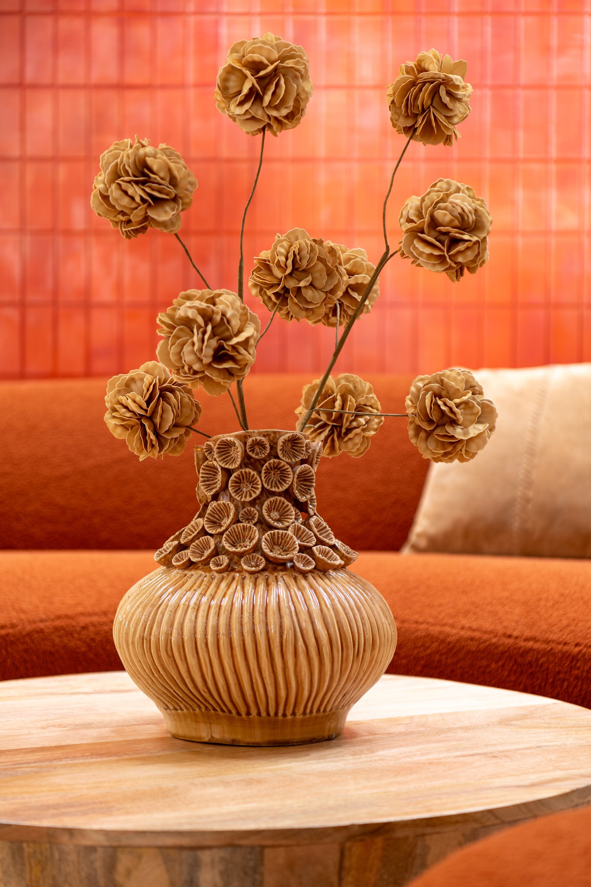 J-Line bloem tak 5 pompoms Eva - kunststof - geel