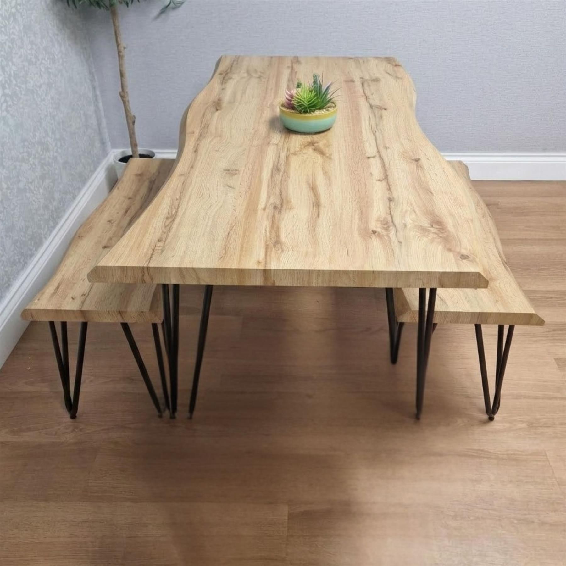 KOSY KOALA Wooden Dining Table and 2 Benches Set With Metal Hairpin Legs for Dining Room, Work, or Study