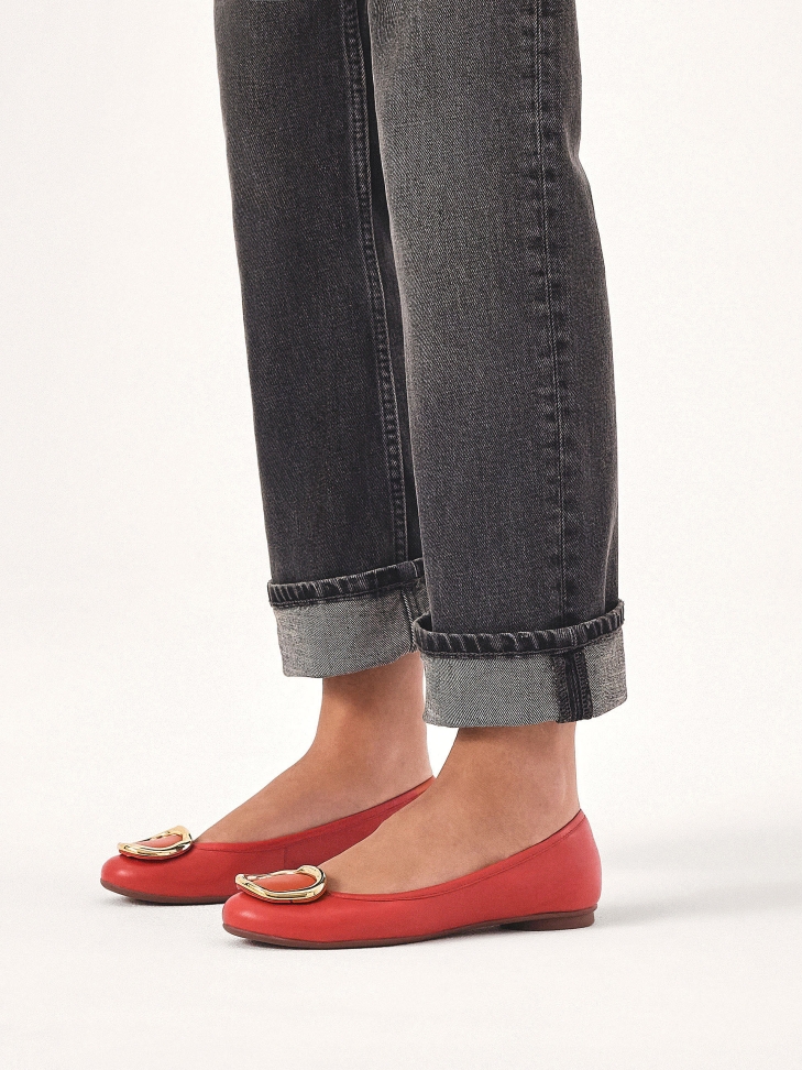 Red leather ballerinas with metal accents