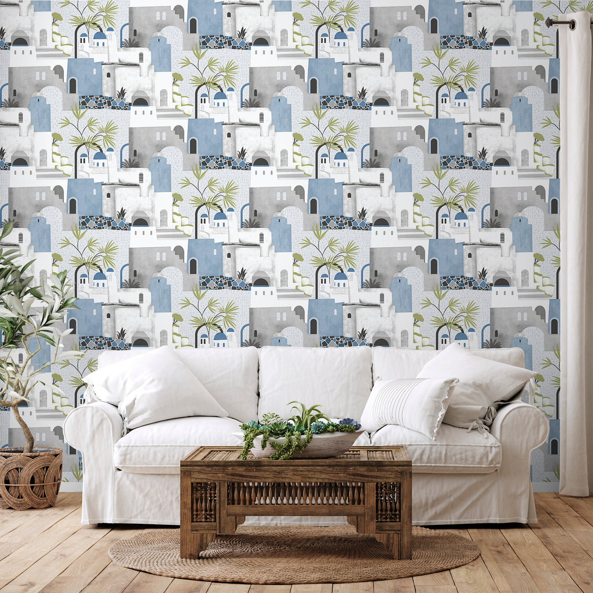 Sanders & Sanders behang mediterrane huisjes blauw, grijs en wit - 53 cm x 10 m - 640081