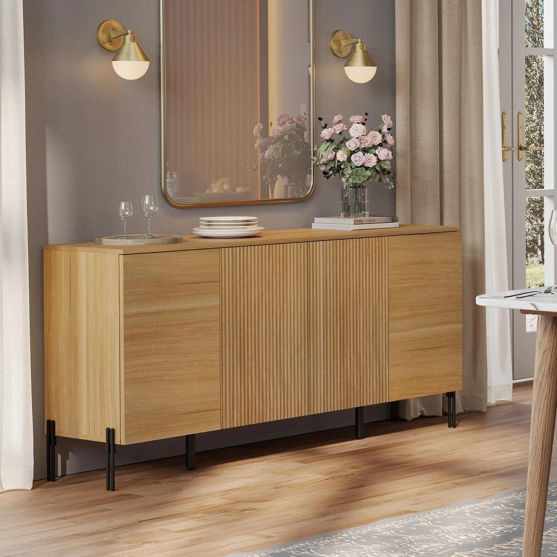 WAMPAT 61 Minimalist 4-Door Sideboard With Rectangular Geometric Design And Double Chopstick Leg Base - Oak