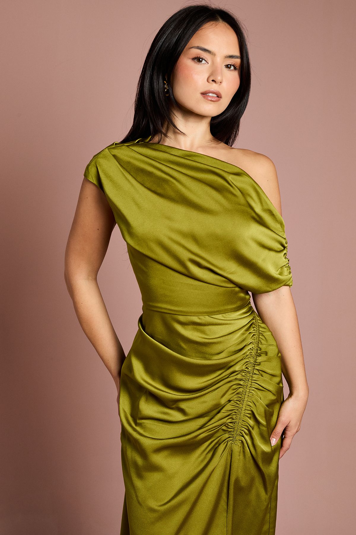 Coast Petite Satin Ruched One Shoulder Asymmetric Hem Midi Dress