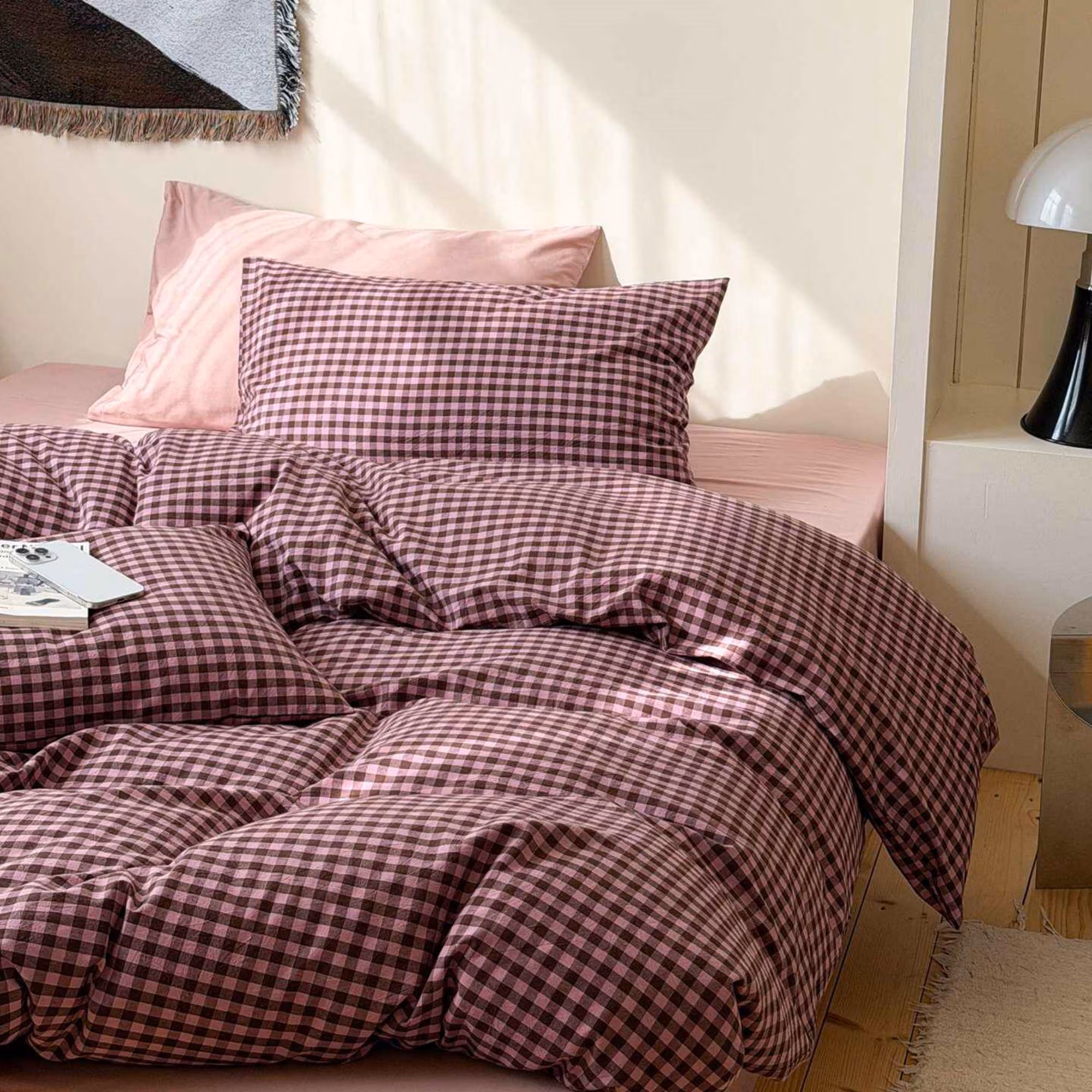 Raspberry Pink Bedding Set 100% Cotton Gingham Bedding Set 4PCS/Set Plaid Duvet Cover Set with Pillowcases &Flat Sheet Full Queen Size