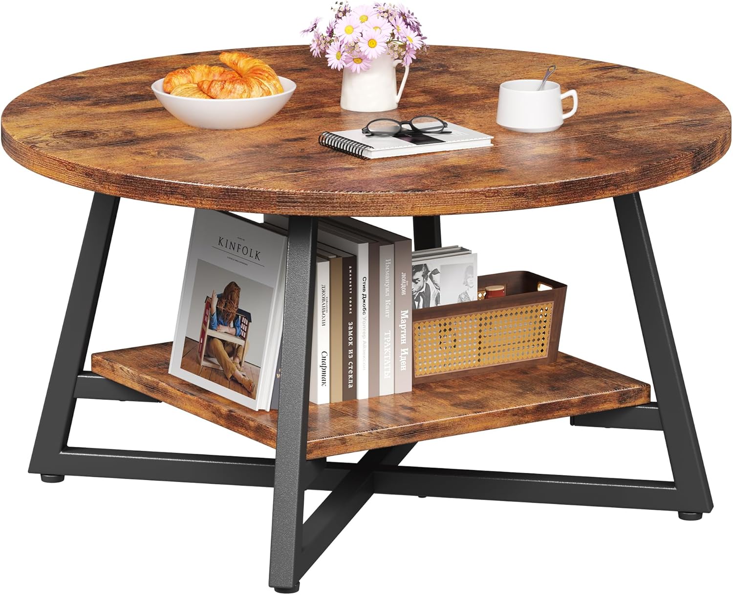 Round Coffee Table, Small Circle Coffee Table with Storage, Modern Wood Round Center Table for Living Room, Home Office, Small Space, Easy Assembly, Rustic Brown