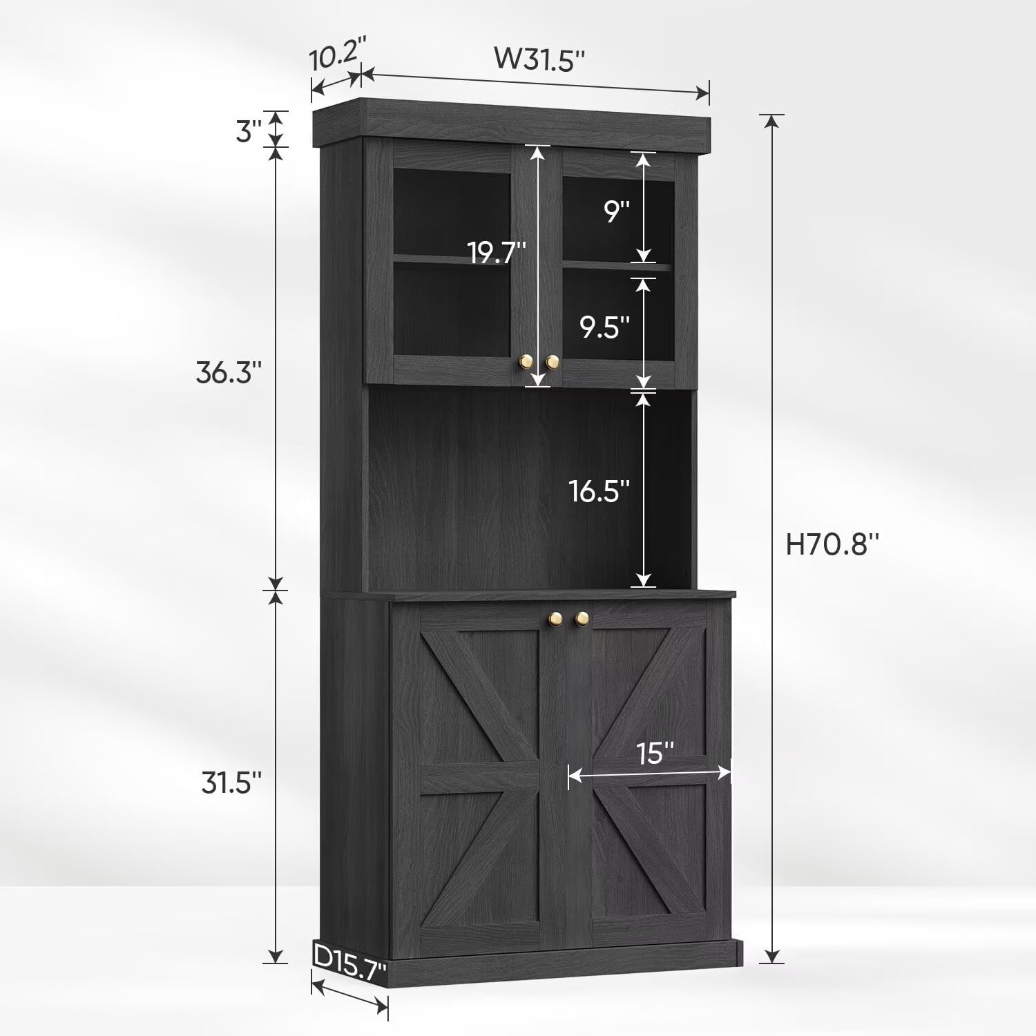 Vyre 71 Farmhouse Kitchen Pantry Cabinet Set of 3, Black Freestanding Coffee Bar Hutch with Glass Doors & Adjustable Shelves, Large Storage Cabinet with Microwave Stand for Living Room & Kitchen
