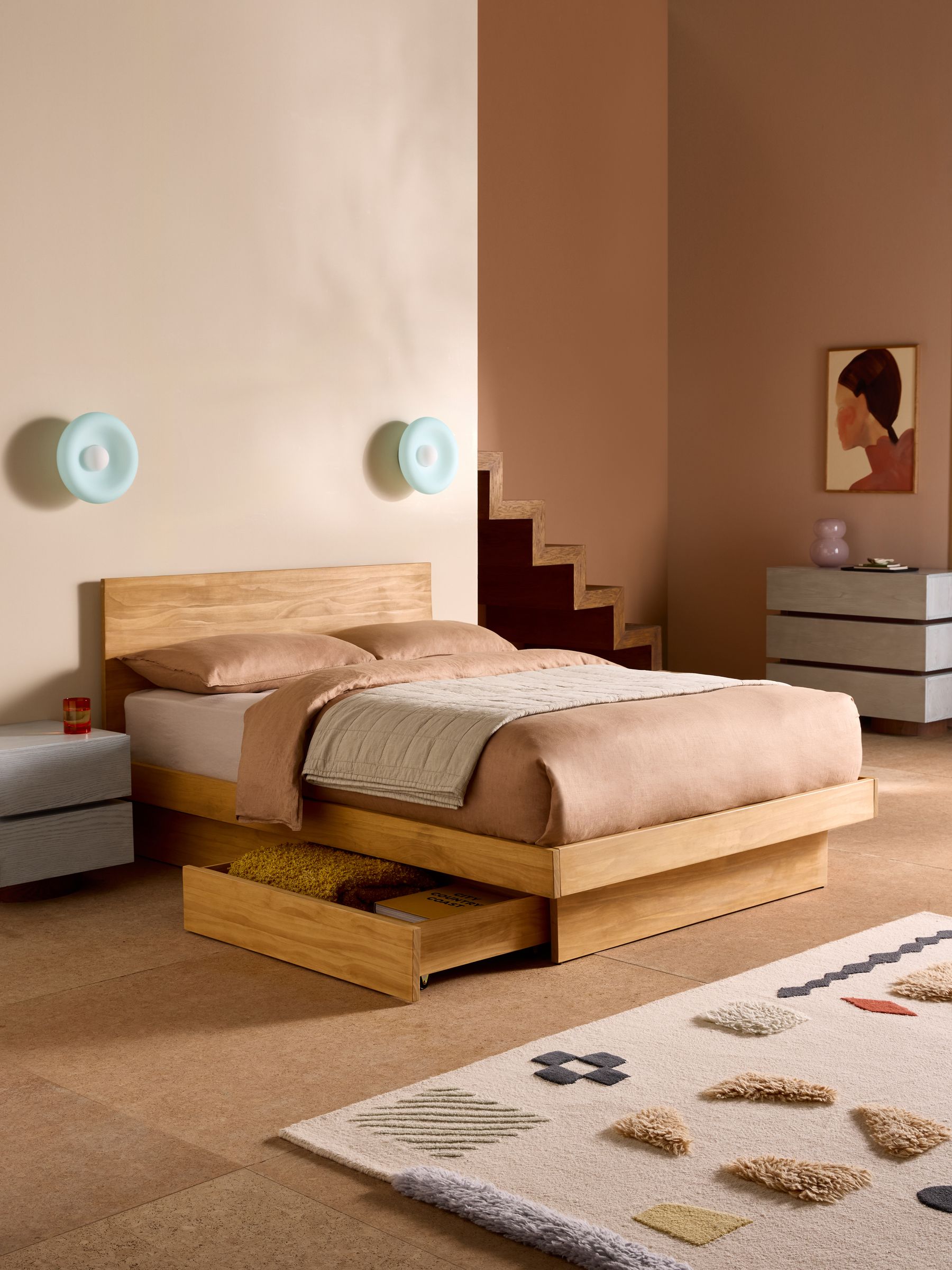 Meiko Platform Bed With Drawers in Natural Pine