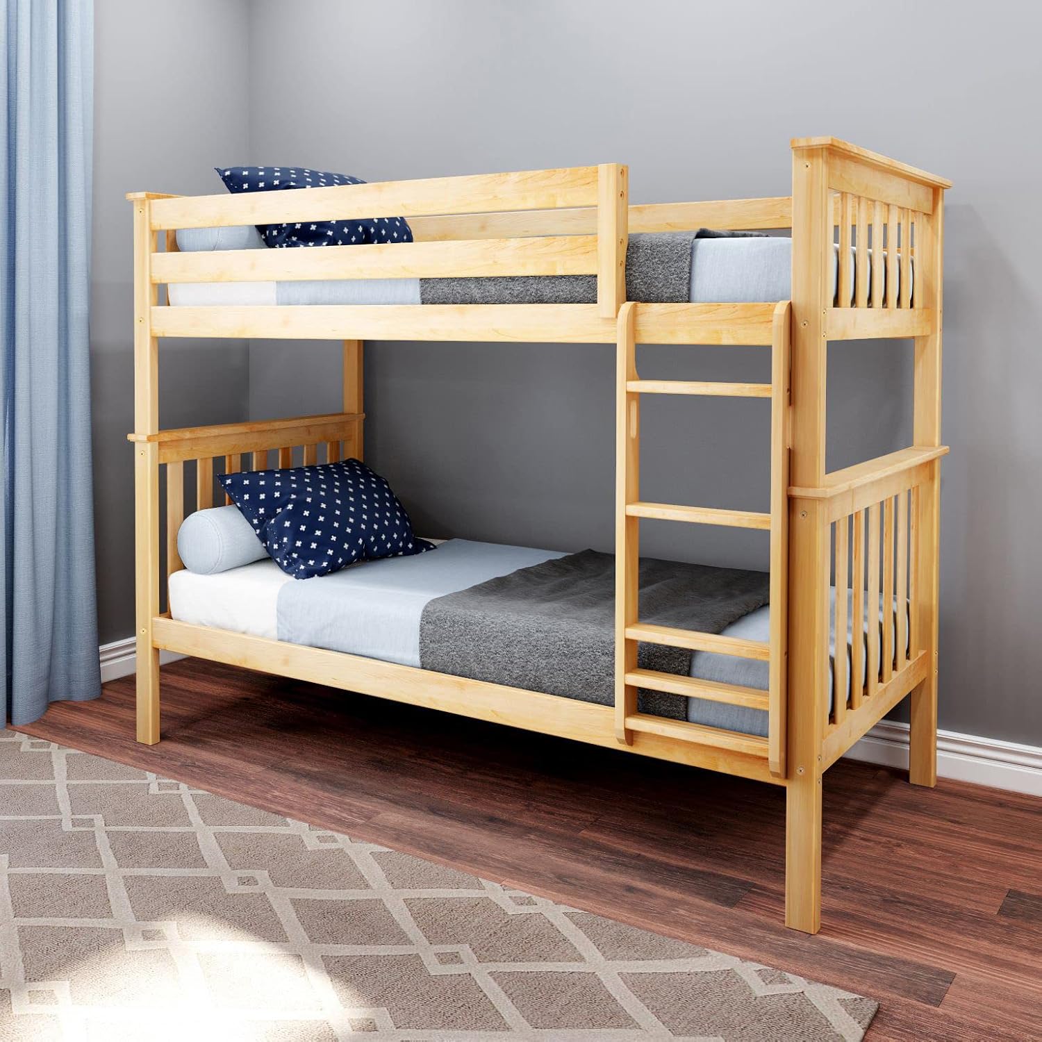 Max & Lily Bunk Bed Twin over Twin, Solid Wood Bunk Bed Frame with Ladder for Kids, 14 Safety Guardrails, Easy Assembly, No Box Spring Needed, Natural