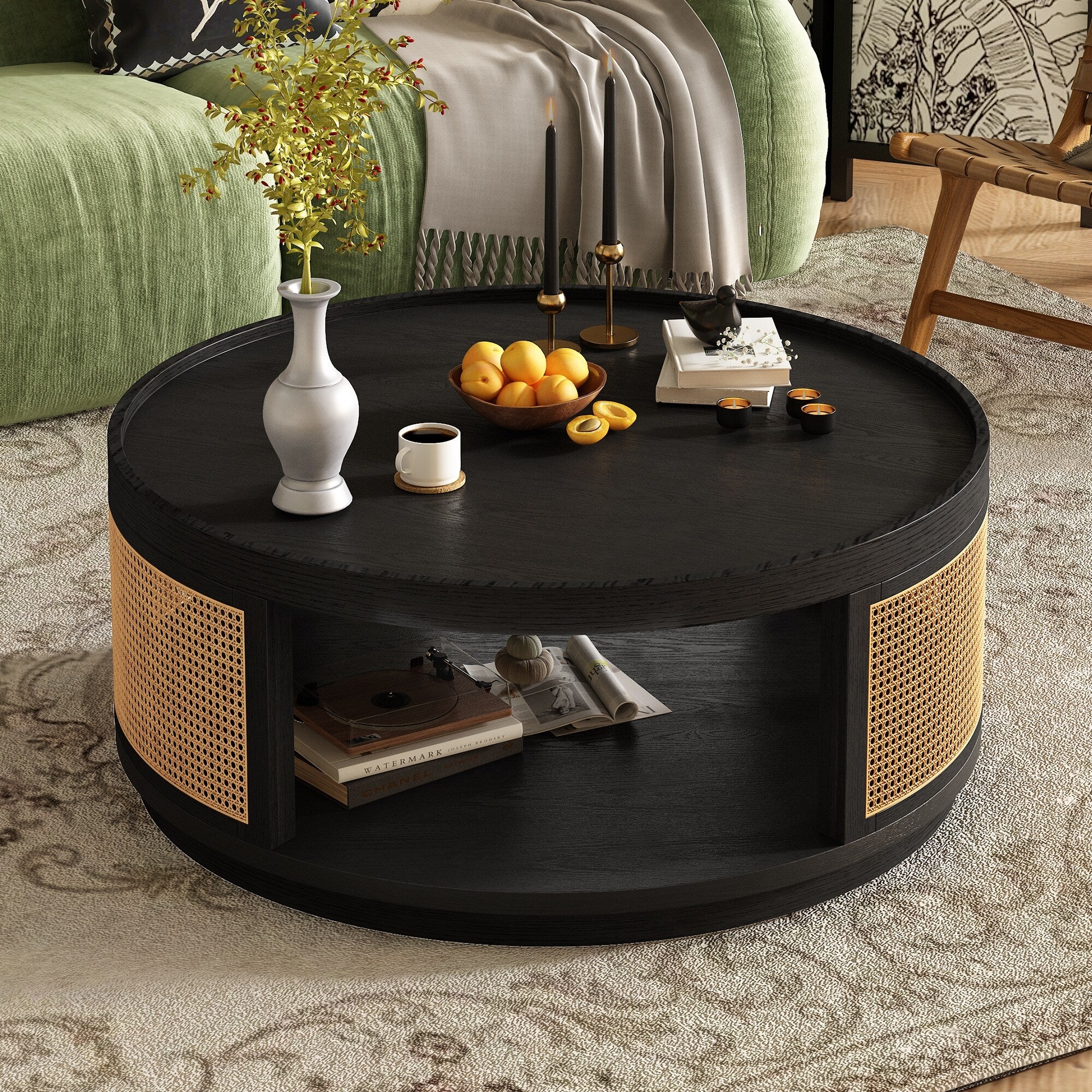 36.8 Wooden Mid-Century Modern Coffee Table with Storage, Round Cane Coffee Table with PE Rattan Side for Living Room