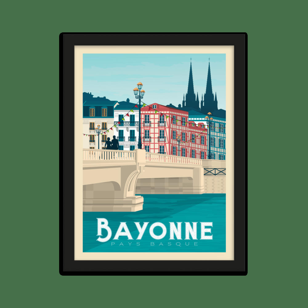 - Affiche Bayonne France + Cadre Bois noir 21x29,7 cm
