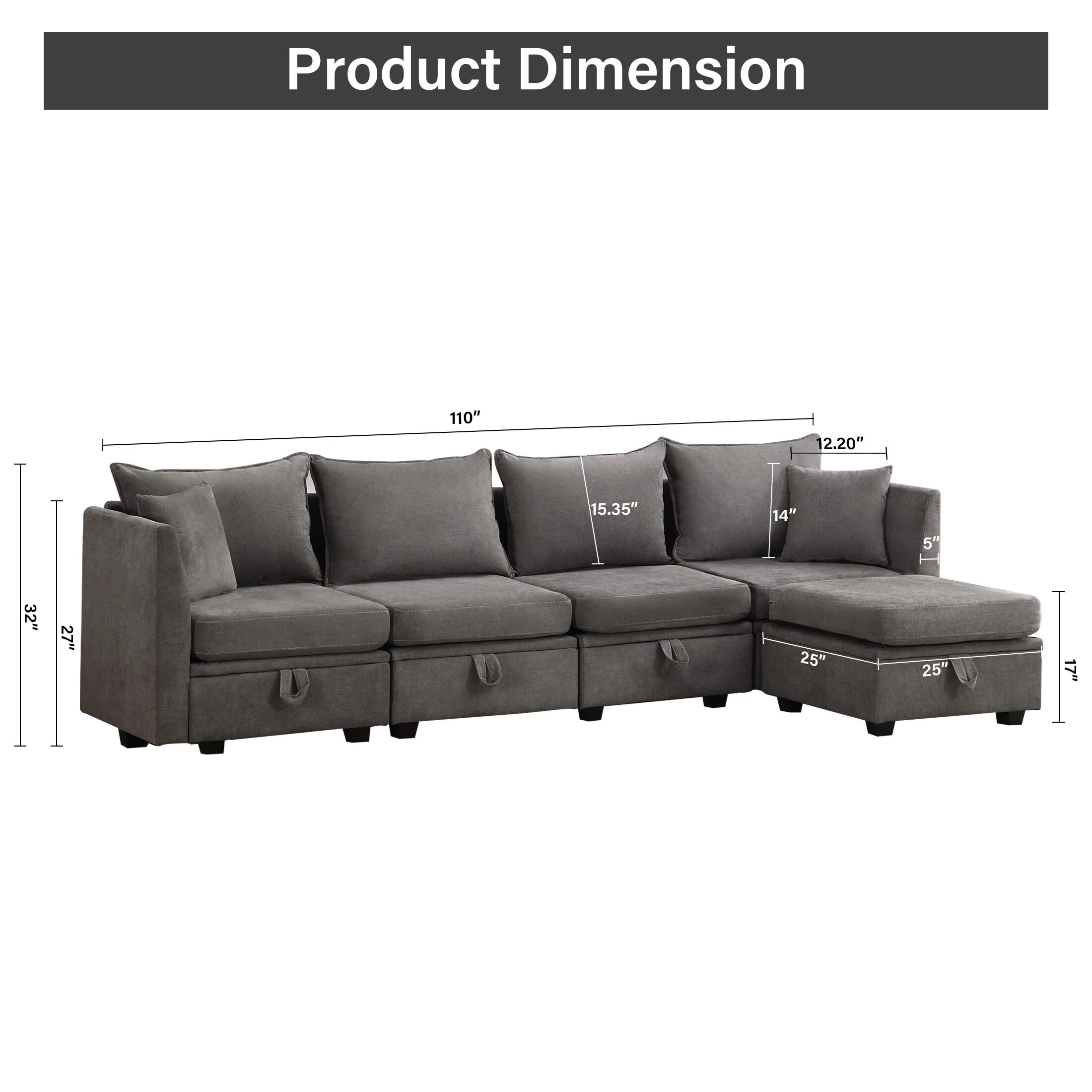 Grey 107.87'' Modular 5-Seat Sectional Sofa with Storage, Soft Fabric Convertible Couch for Living Room Comfort