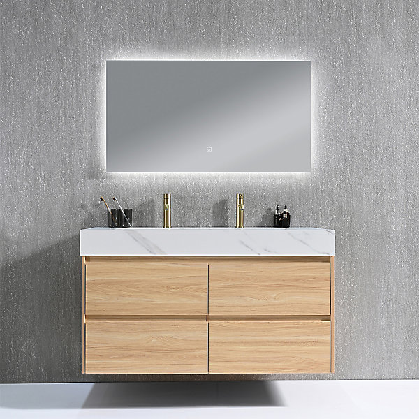Meuble salle de bain double vasque 140cm bois naturel et effet marbre blanc avec miroir LED LB-8476C-140