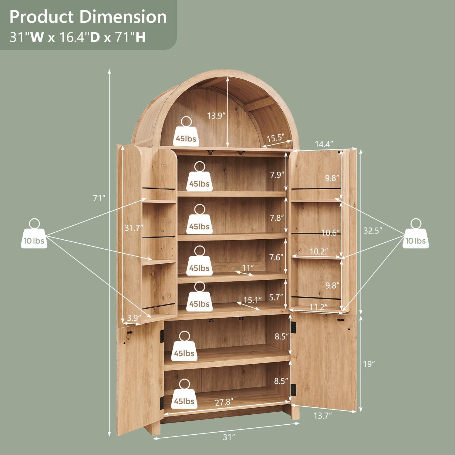 71 Tall Arched Kitchen Pantry, Modern Fluted Wood Storage Cabinet with Doors, 3 Adjustable Shelves, 6 Door Shelves, Organizer, Versatile Cupboard for Kitchen, Bathroom, Natural