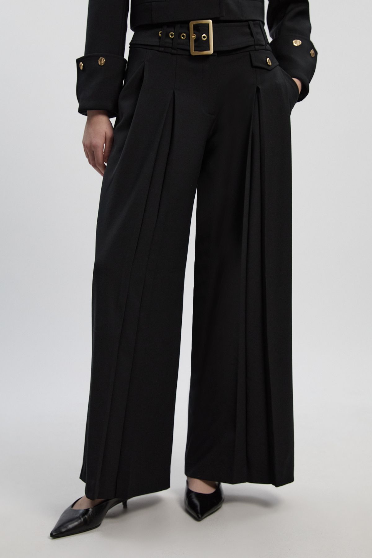 KarenMillen Polished Tailored Pleated Wide Leg Belted Trouser