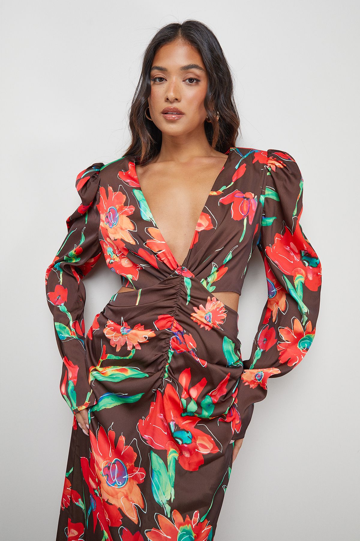 Warehouse Petite Satin Cut Out Waist Plunge Neck Midi Dress
