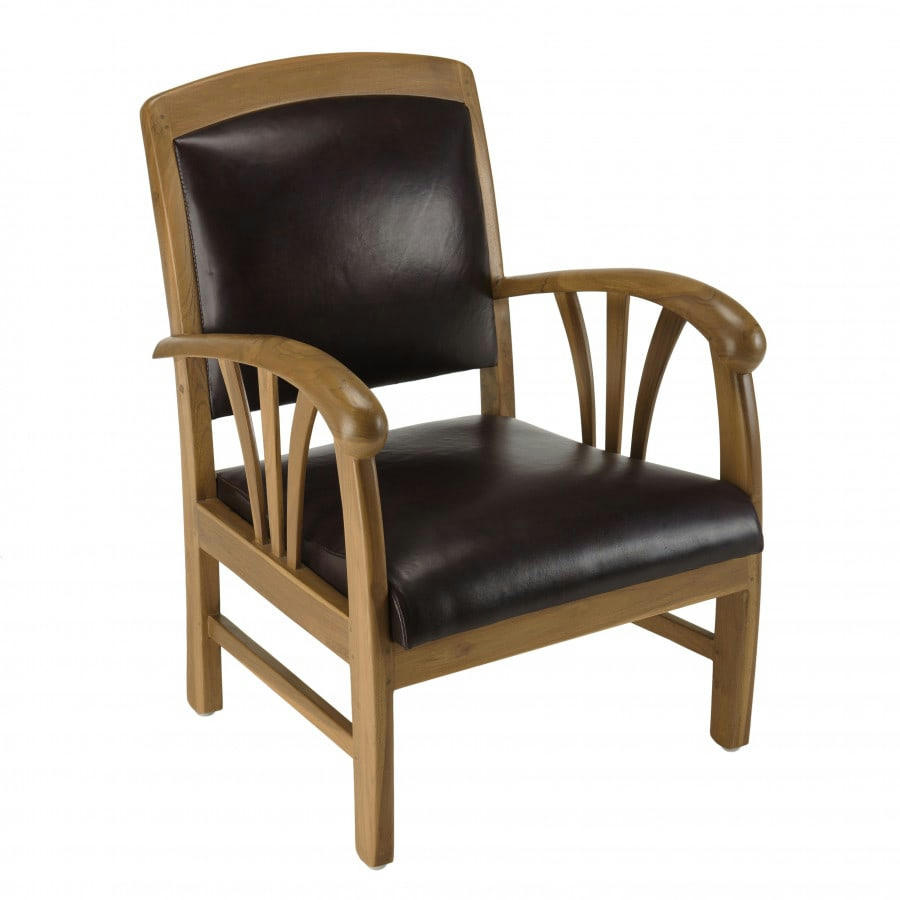 ERIS - Fauteuil en teck et cuir marron