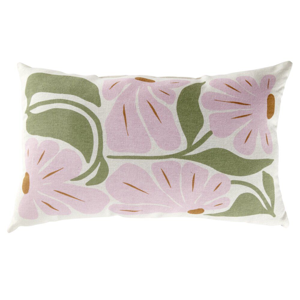 Coussin déco rectangulaire blanc motif floral rose et vert 30x50cm