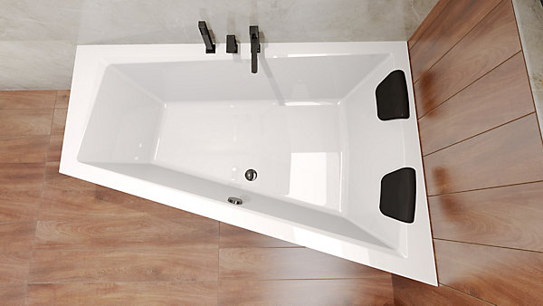 Baignoire asymétrique 150x85 Droite INTIMA acrylique blanc, sans Habillage   Repose Tête   étagère bambou   Pieds  Vidage à chromé