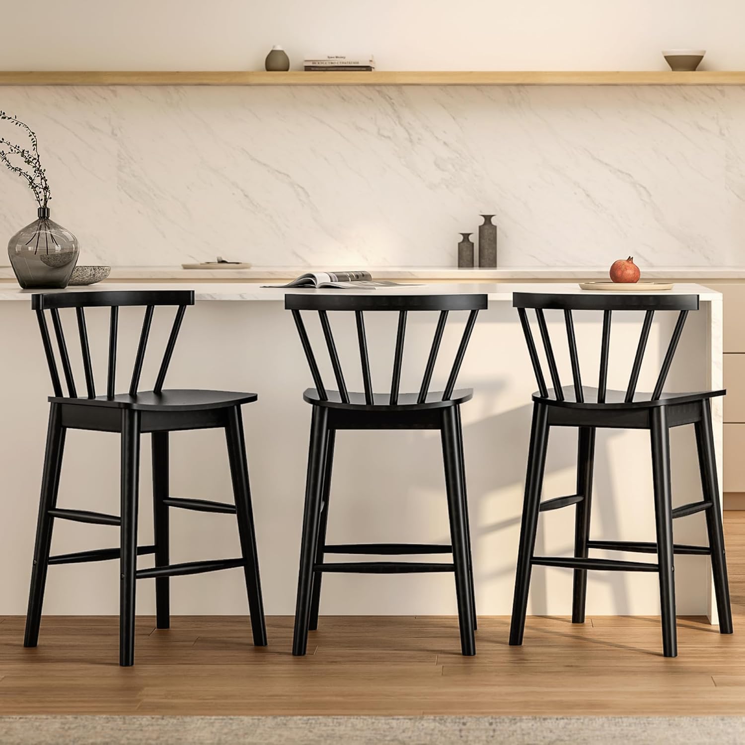 Wood Bar Stools Set of 3, 24 Barstool Farmhouse Counter Stools with Curved Back for Dining Room, Black