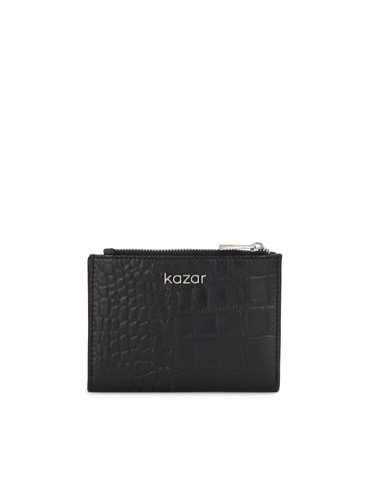 Black embossed leather wallet with snap closure