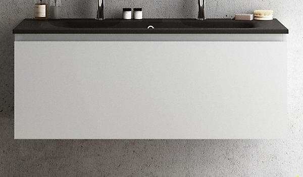 Meuble vasque suspendu blanc mat l.120 cm   plan vasque noir mat résine pour 2 robinets, Pura
