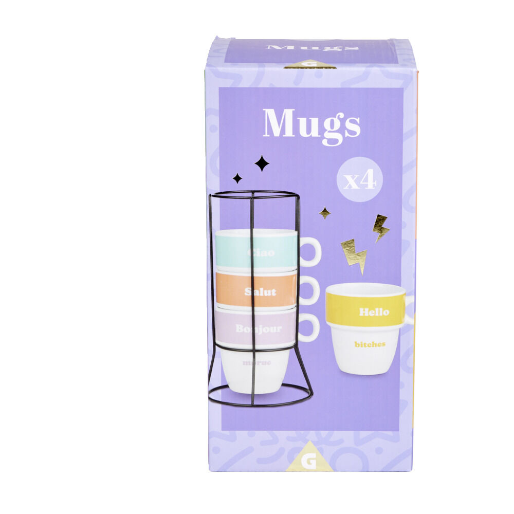 Lot de 4 tasses à café message avec support